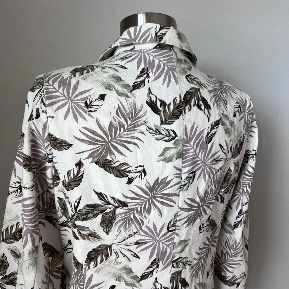 SOLITAIRE Women's Linen Blend Tropical Leaf Print One Button Blazer Jacket Large